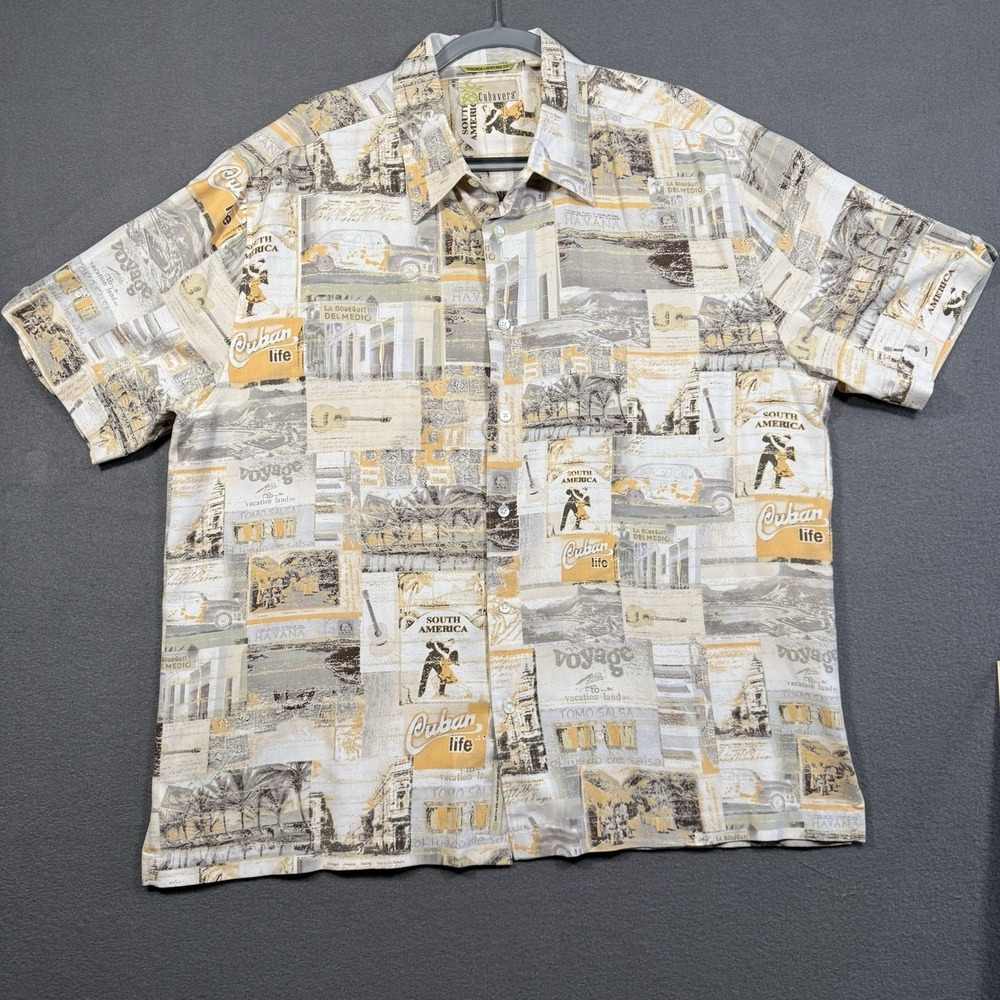 Cubavera Button Down Shirt Mens XL Tan Silk Blend Cuban Life Postcard Print